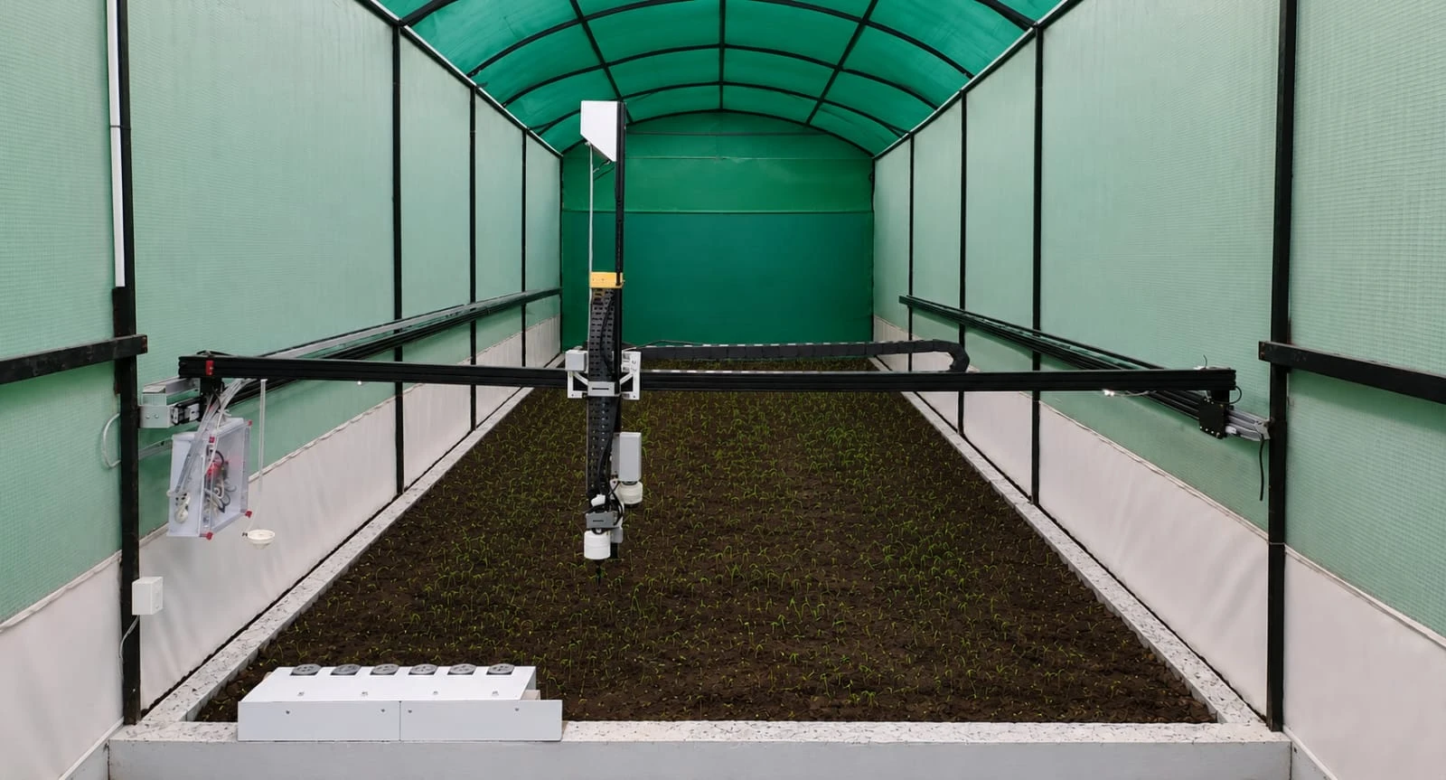 Edenix installed in a polyhouse with seedlings growing along the bed